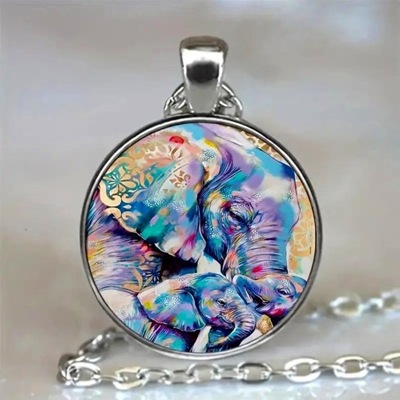 Independent Jewelry - Colorful ELEPHANT Glass Cabochon Pendant Necklace
